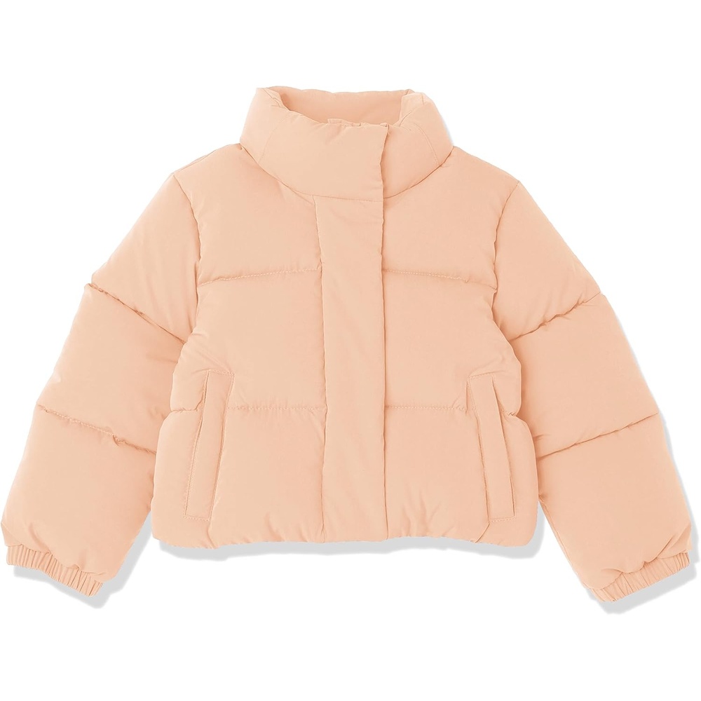 image:imageAmazon Essentials Girls and Toddlers Cropped FullZip Fully Lined Puffer Jacket Quilted Matte or Sherpa FleeceLight Brown