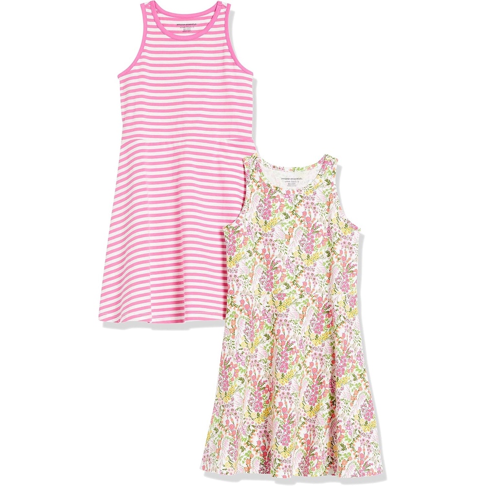 image:imageAmazon Essentials Girls and Toddlers Knit Sleeveless Fit and Flare Tank Play Dress Pack of 22pack FloralPink Stripe