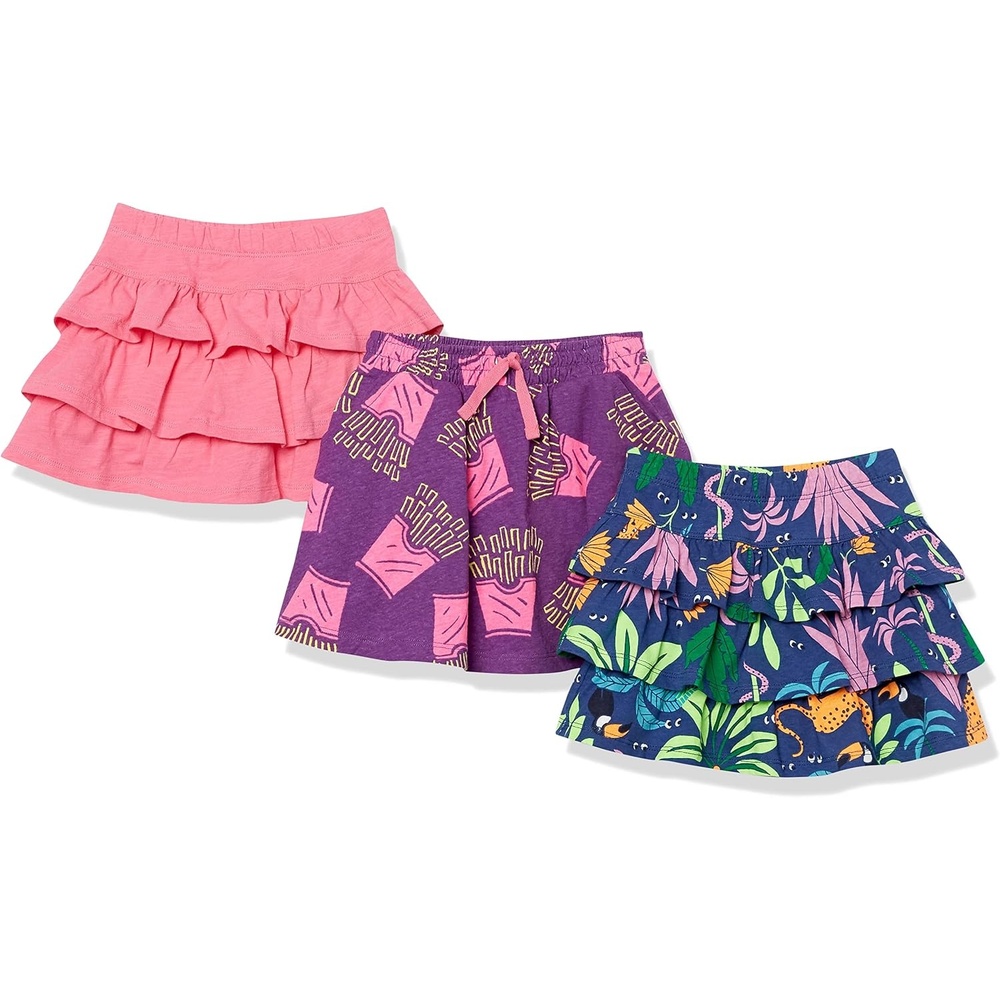 image:imageAmazon Essentials Girls and Toddlers Knitted Ruffle Scooter Skirts with Elastic Waist and Built in Shorts3pack JungleFriesPink