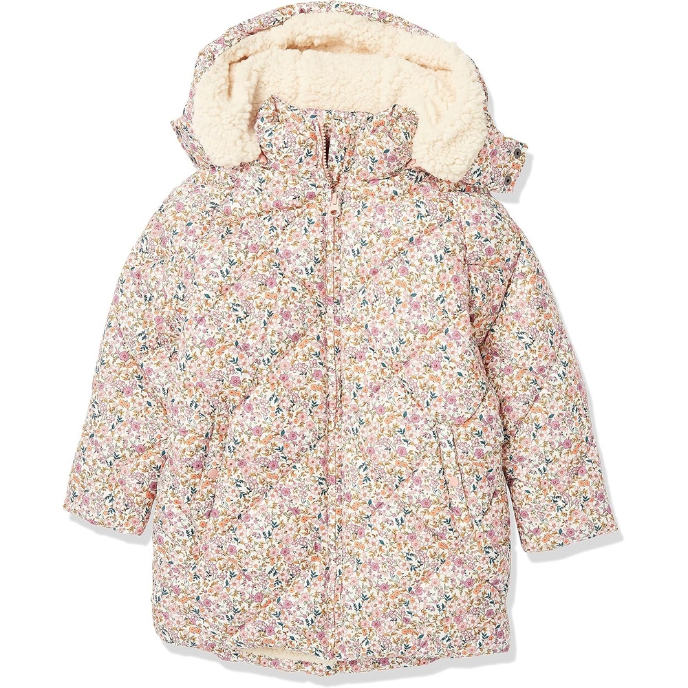 image:imageAmazon Essentials Girls and Toddlers Long Quilted Cocoon Puffer CoatCream Floral