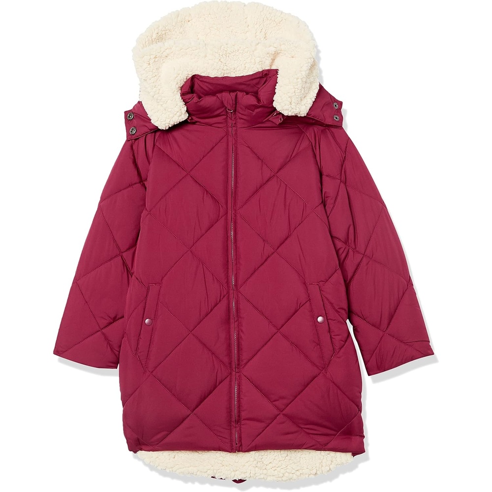 image:imageAmazon Essentials Girls and Toddlers Long Quilted Cocoon Puffer CoatEcru Raspberry Red Shearling