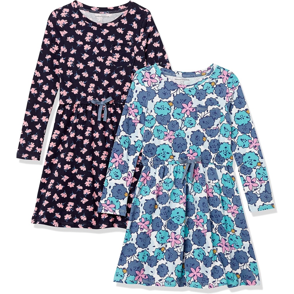 image:imageAmazon Essentials Girls and Toddlers LongSleeve Elastic Waist TShirt Dress2pack Blue PomNavy Floral