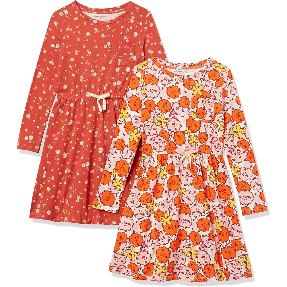 image:imageAmazon Essentials Girls and Toddlers LongSleeve Elastic Waist TShirt Dress2pack Pink PomOrange Floral