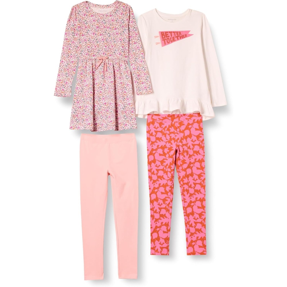 image:imageAmazon Essentials Girls and Toddlers LongSleeve Ruffle Hem Outfit Sets with Bowknot DesignPink Leaves