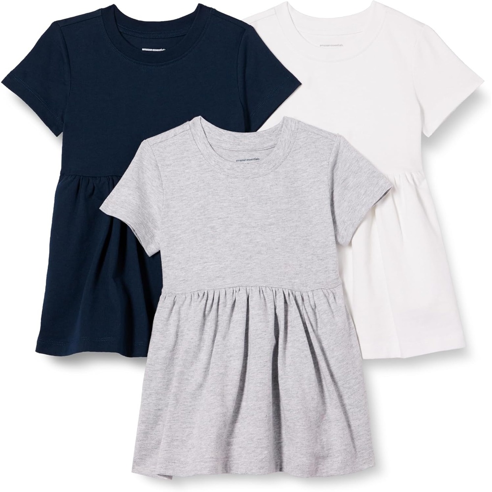 image:imageAmazon Essentials Girls and Toddlers Short Sleeve Stretchy Cotton Jersey Dress Breathable Pack of 3Light Grey HeatherNavyWhite
