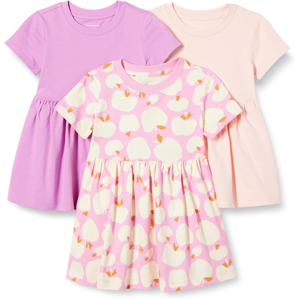 image:imageAmazon Essentials Girls and Toddlers Short Sleeve Stretchy Cotton Jersey Dress Breathable Pack of 3MauvePinkApples
