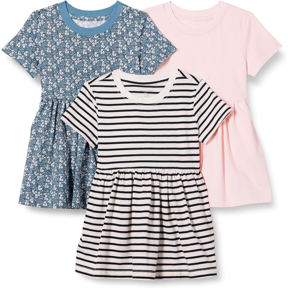 image:imageAmazon Essentials Girls and Toddlers Short Sleeve Stretchy Cotton Jersey Dress Breathable Pack of 3Pale PinkFrench StripeFloral
