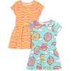 Amazon Essentials Girls and Toddlers’ Knit Short-Sleeve Cinch-Waist Dresses (Previously Spotted Zebra), Pack of 2(2-pack Donuts/Pink Stripe)