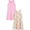 Amazon Essentials Girls and Toddlers’ Knit Sleeveless Fit and Flare Tank Play Dress, Pack of 2(2-pack Floral/Pink Stripe)