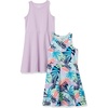 Amazon Essentials Girls and Toddlers’ Knit Sleeveless Fit and Flare Tank Play Dress, Pack of 2(2-pack Tropical/Purple)