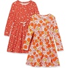 Amazon Essentials Girls and Toddlers’ Long-Sleeve Elastic Waist T-Shirt Dress(2-pack Pink Pom/Orange Floral)