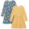 Amazon Essentials Girls and Toddlers’ Long-Sleeve Elastic Waist T-Shirt Dress(Blue Cat/Yellow Floral)