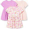 Amazon Essentials Girls and Toddlers’ Short Sleeve Stretchy Cotton Jersey Dress, Breathable, Pack of 3(Mauve/Pink/Apples)