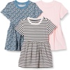 Amazon Essentials Girls and Toddlers’ Short Sleeve Stretchy Cotton Jersey Dress, Breathable, Pack of 3(Pale Pink/French Stripe/Floral)
