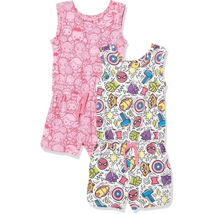 Amazon Essentials Disney | Marvel | Star Wars | Frozen | Princess Girls and Toddlers’ Knit Sleeveless Rompers, Pack of 2(Festive Marvel – Kids)
