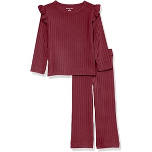Amazon Essentials Girls’ Wide-Rib Ruffle Top and Flare Pants Outfit Set, Pack of 2(Dark Red)