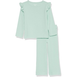 Amazon Essentials Girls’ Wide-Rib Ruffle Top and Flare Pants Outfit Set, Pack of 2(Mint Green)