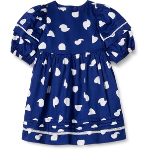 Amazon Essentials Girls and Toddlers’ 100% Cotton Puff-Sleeve Fit & Flare Dress(Navy Abstract Dots)