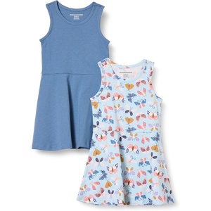 Amazon Essentials Girls and Toddlers’ Knit Sleeveless Fit and Flare Tank Play Dress, Pack of 2(2-pack Blue/Butterflies)