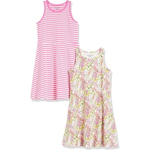 Amazon Essentials Girls and Toddlers’ Knit Sleeveless Fit and Flare Tank Play Dress, Pack of 2(2-pack Floral/Pink Stripe)
