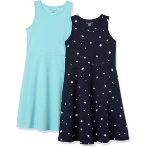 Amazon Essentials Girls and Toddlers’ Knit Sleeveless Fit and Flare Tank Play Dress, Pack of 2(Aqua Blue/Navy Stars)