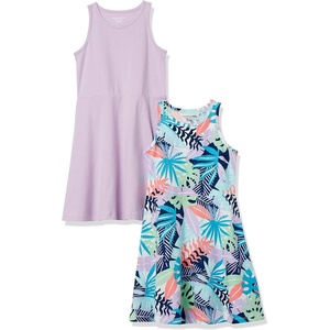 Amazon Essentials Girls and Toddlers’ Knit Sleeveless Fit and Flare Tank Play Dress, Pack of 2(Purple/Tropical)