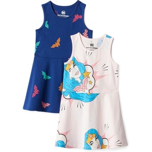 Amazon Essentials Girls and Toddlers’ Knit Sleeveless Fit and Flare Tank Play Dress, Pack of 2(Wonder Woman)