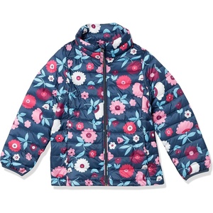 Amazon Essentials Girls and Toddlers’ Light-Weight Water-Resistant Packable Mock Puffer Jackets(Navy Floral)