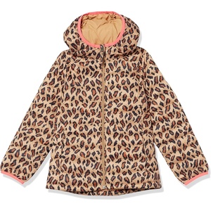 Amazon Essentials Girls and Toddlers’ Lightweight Water-Resistant Packable Hooded Puffer Jacket(Camel Cheetah Print)