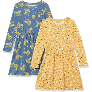 Amazon Essentials Girls and Toddlers’ Long-Sleeve Elastic Waist T-Shirt Dress(2-pack Blue Cat/Gold Floral)