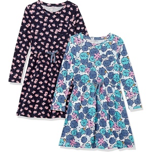 Amazon Essentials Girls and Toddlers’ Long-Sleeve Elastic Waist T-Shirt Dress(2-pack Blue Pom/Navy Floral)