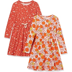 Amazon Essentials Girls and Toddlers’ Long-Sleeve Elastic Waist T-Shirt Dress(2-pack Pink Pom/Orange Floral)