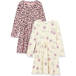 Amazon Essentials Girls and Toddlers’ Long-Sleeve Elastic Waist T-Shirt Dress(2-pack Purple Animal/Be Kind)