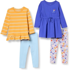 Amazon Essentials Girls and Toddlers’ Long-Sleeve Ruffle Hem Outfit Sets with Bowknot Design(Blue/Sky Blue/White Floral/Yellow Stripe)
