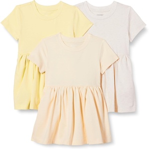 Amazon Essentials Girls and Toddlers’ Short Sleeve Stretchy Cotton Jersey Dress, Breathable, Pack of 3(Beige/Oatmeal Heather/Pastel Yellow)