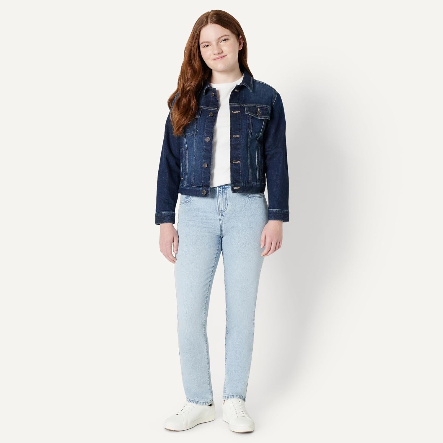 image:imageAmazon Essentials Girls Medium Stretch MidRise StraightFit JeansIced Blue Light Wash