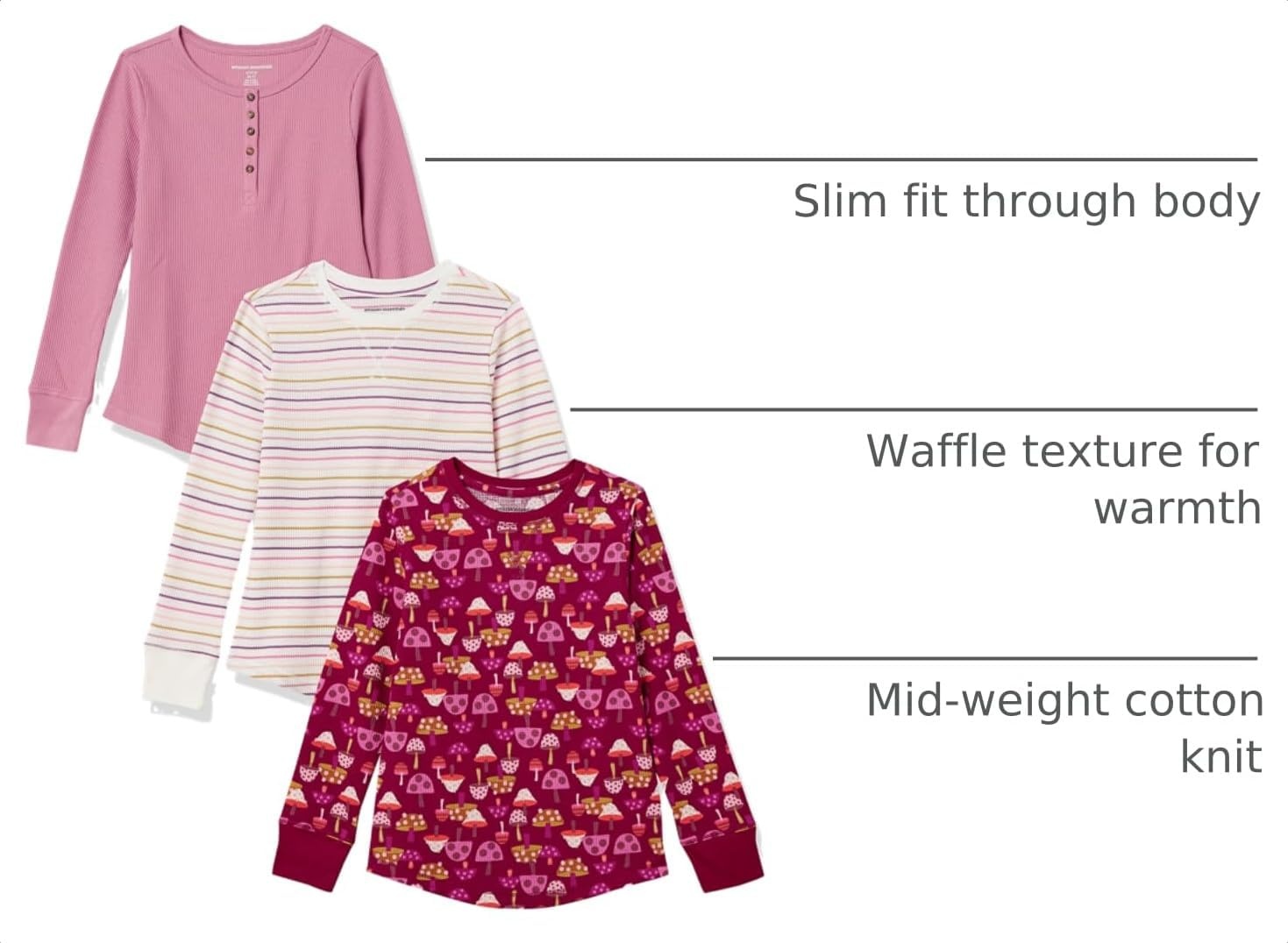 image:imageAmazon Essentials Girls and Toddlers LongSleeve Knit Thermal TShirts Pack of 33pack Berry Mushrooms