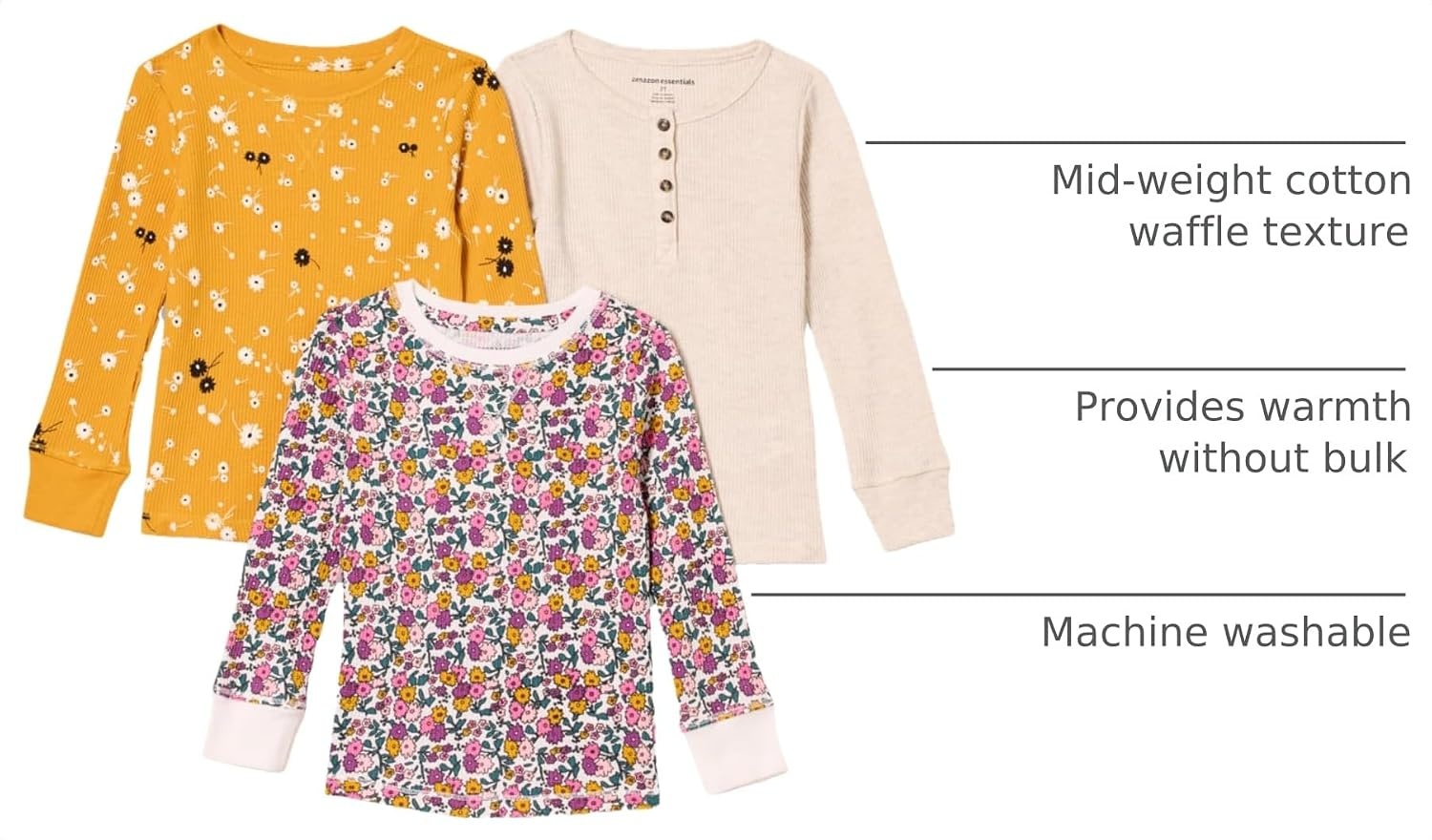 image:imageAmazon Essentials Girls and Toddlers LongSleeve Knit Thermal TShirts Pack of 33pack Gold Floral