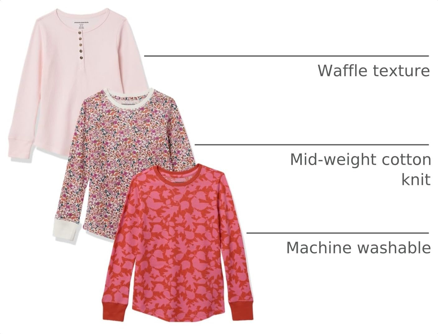 image:imageAmazon Essentials Girls and Toddlers LongSleeve Knit Thermal TShirts Pack of 33pack Pink Floral