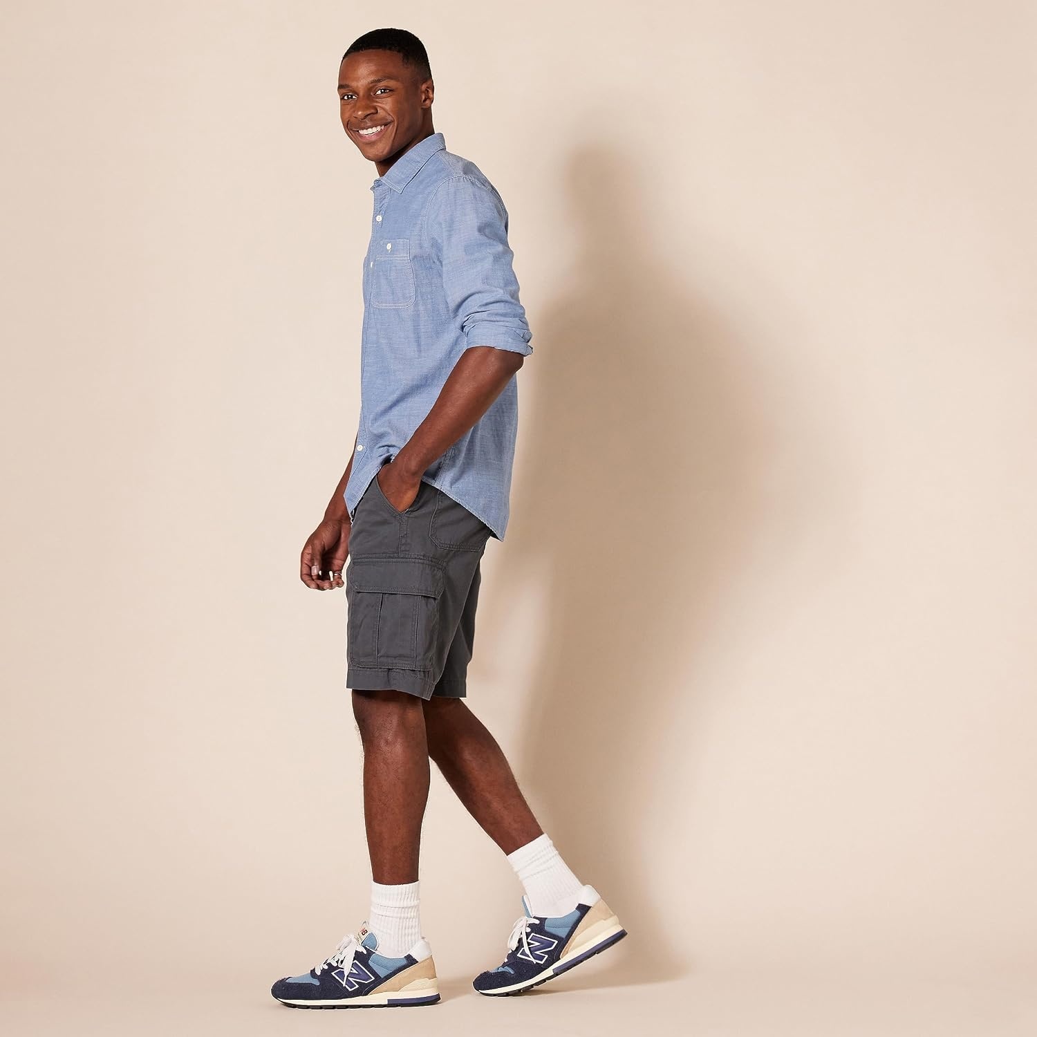 image:imageAmazon Essentials Mens 10 ClassicFit Cotton Twill Cargo Shorts Multiple Pockets Available in Big amp TallGrey