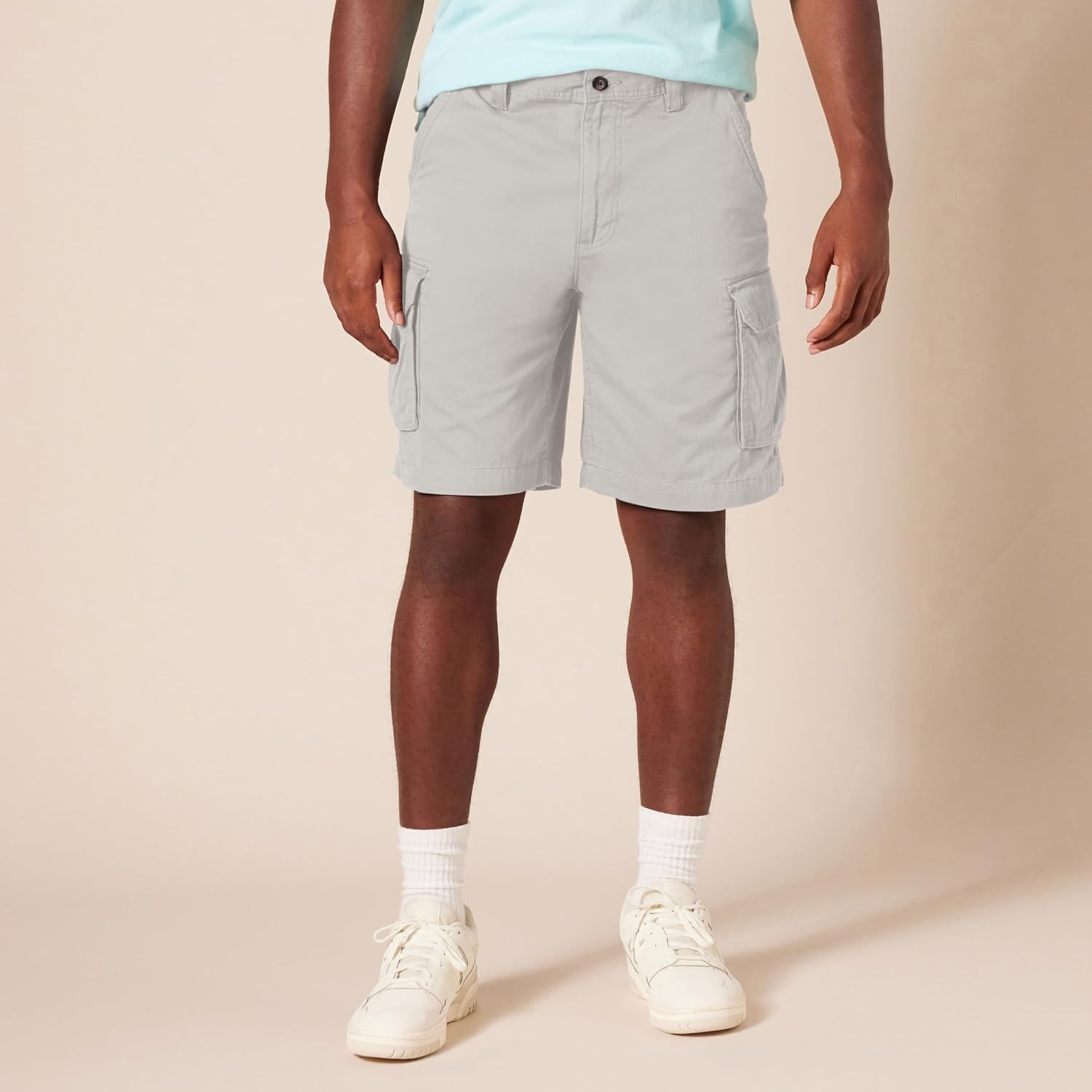 image:imageAmazon Essentials Mens 10 ClassicFit Cotton Twill Cargo Shorts Multiple Pockets Available in Big amp TallLight Grey