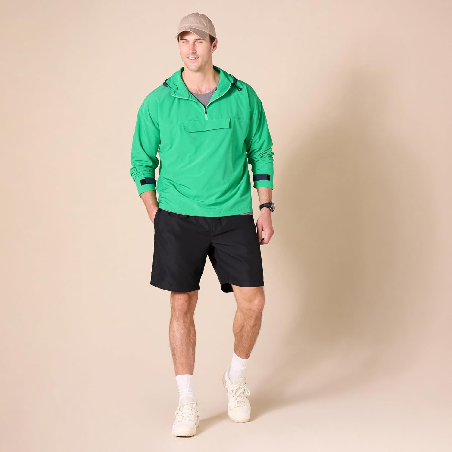 image:imageAmazon Essentials Mens Athletic Lightweight Stretch Woven Colorblock Anorak JacketGreen