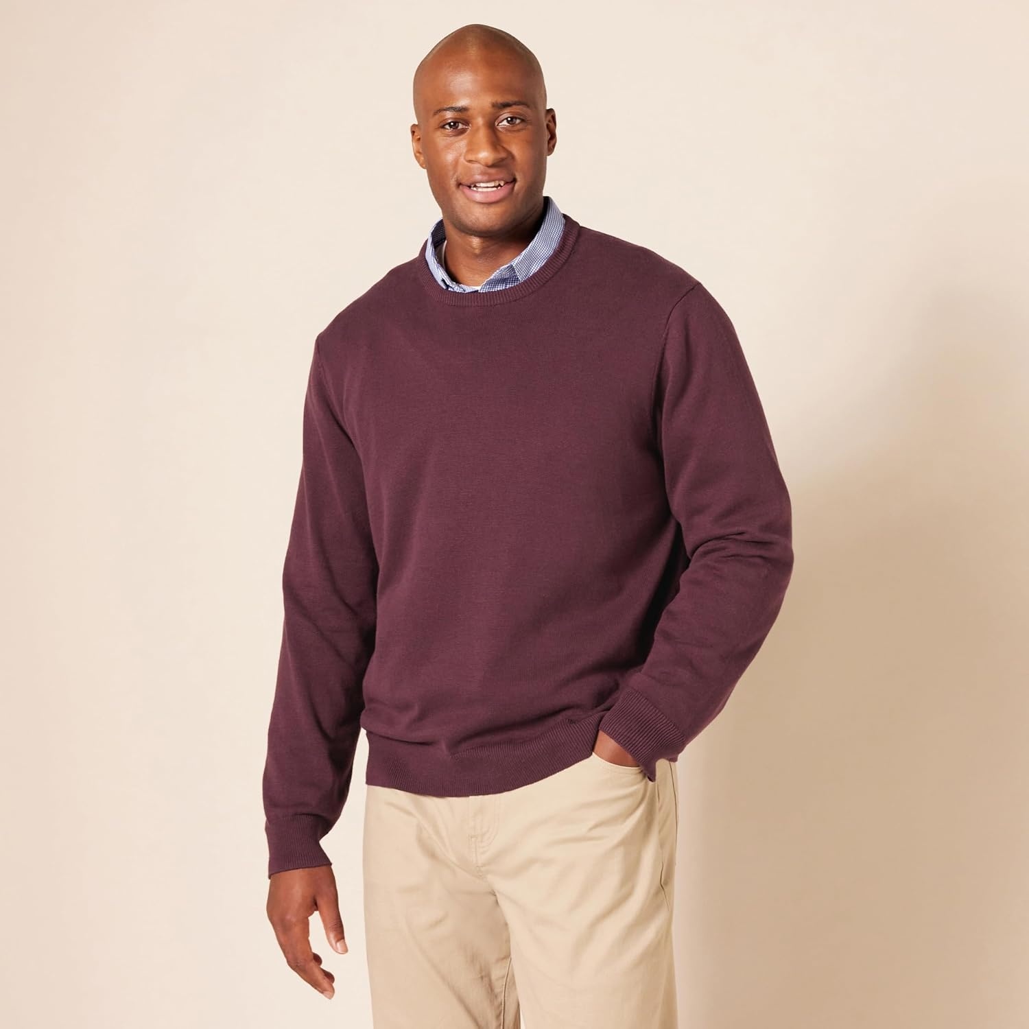 image:imageAmazon Essentials Mens Cable Knit LongSleeve Crewneck Sweater 100 Cotton Big amp Tall Options AvailableBurgundy