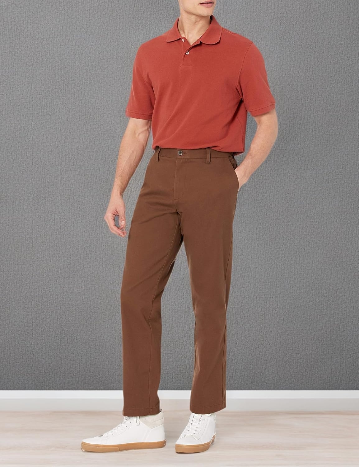 image:imageAmazon Essentials Mens ClassicFit WrinkleResistant FlatFront Stretch Chino PantBrown