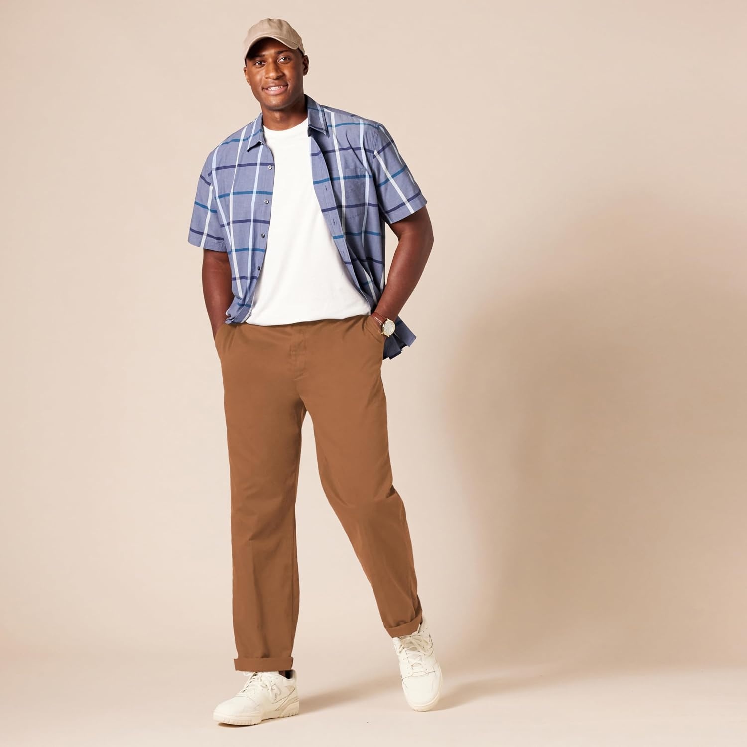 image:imageAmazon Essentials Mens ClassicFit WrinkleResistant FlatFront Stretch Chino PantDark Khaki Brown