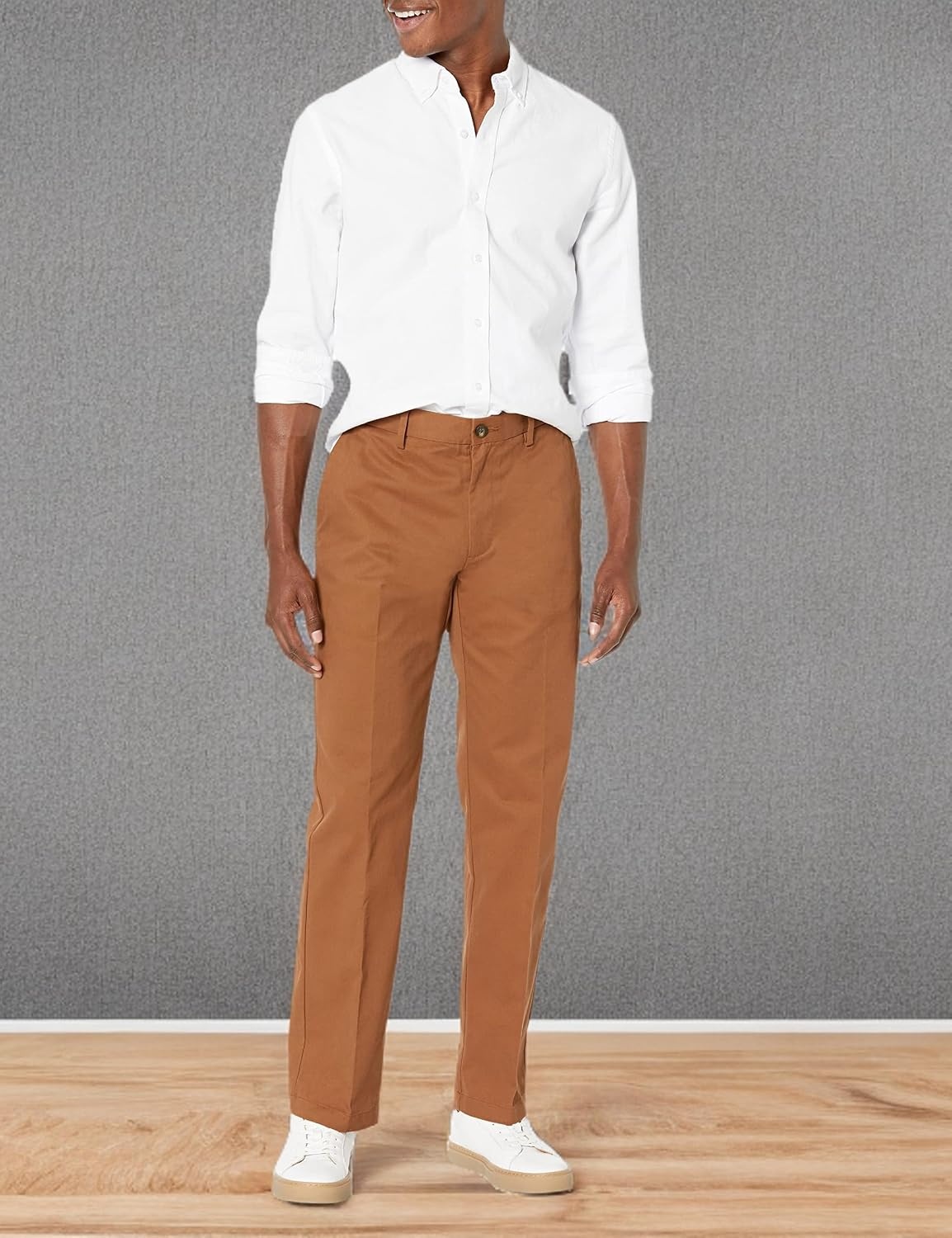 image:imageAmazon Essentials Mens ClassicFit WrinkleResistant FlatFront Stretch Chino PantDark Khaki Brown