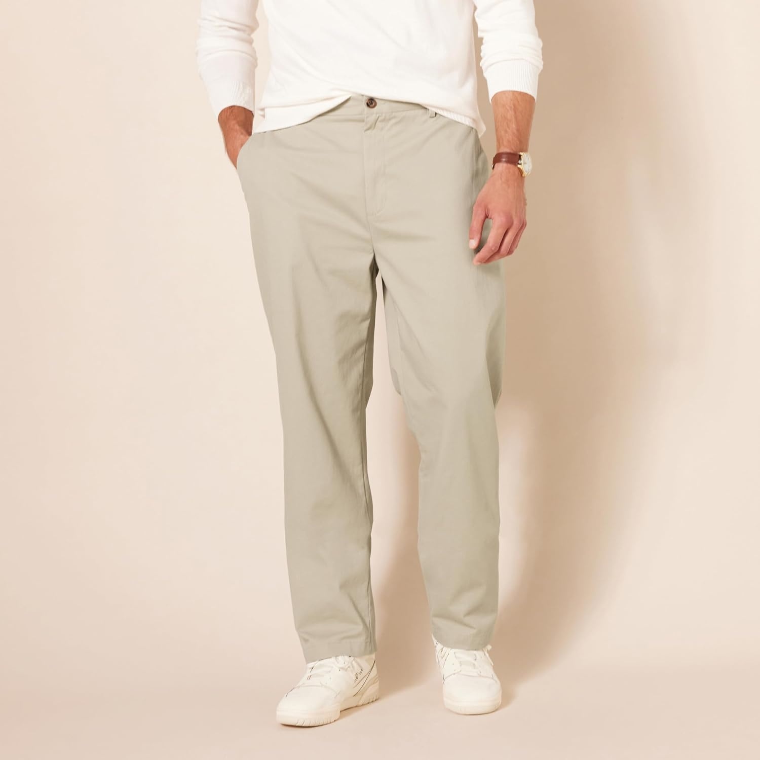 image:imageAmazon Essentials Mens ClassicFit WrinkleResistant FlatFront Stretch Chino PantKhaki Beige