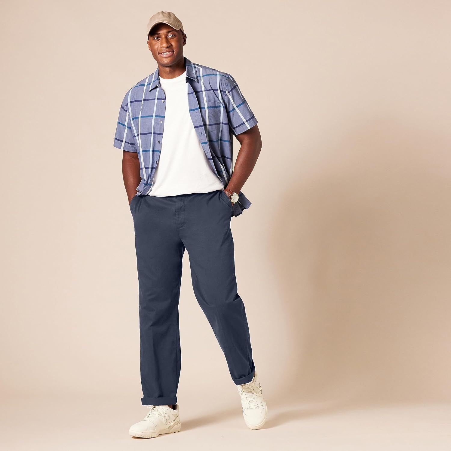 image:imageAmazon Essentials Mens ClassicFit WrinkleResistant FlatFront Stretch Chino PantNavy