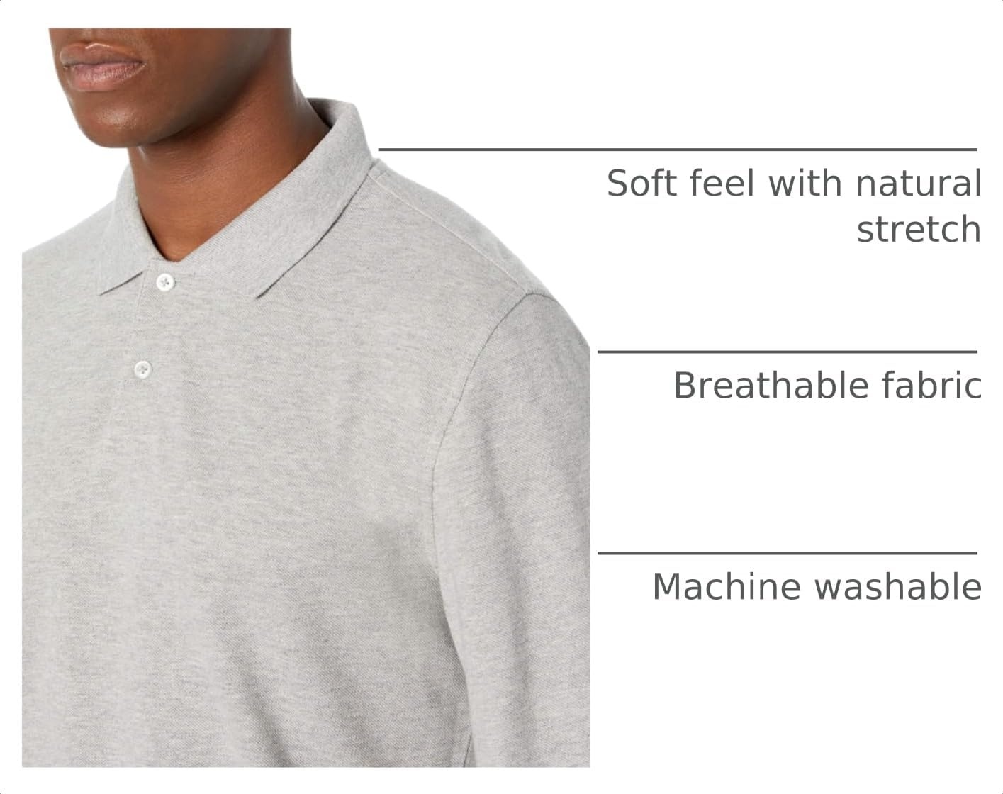 image:imageAmazon Essentials Mens LongSleeve Pique Polo ShirtMedium Grey Heather