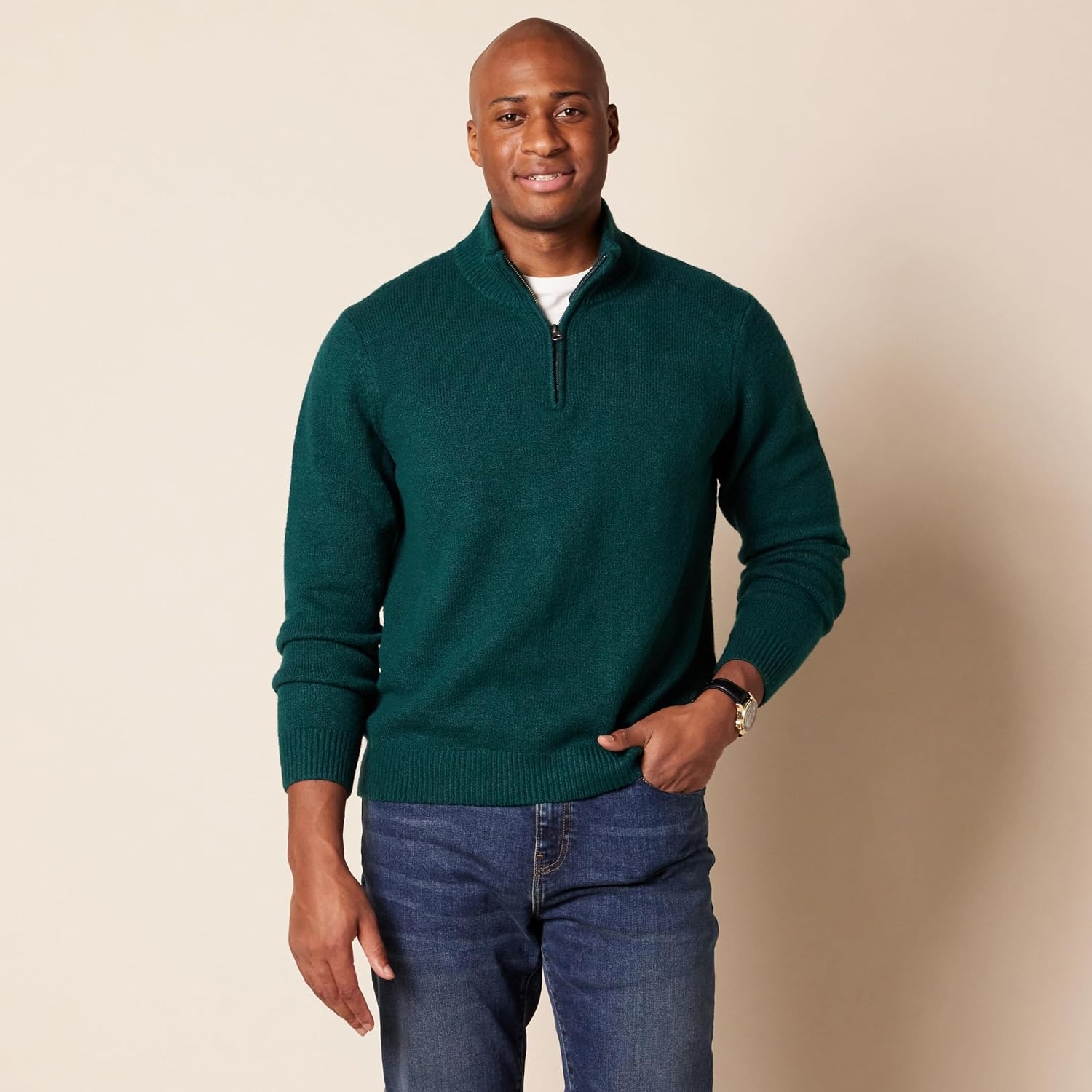image:imageAmazon Essentials Mens LongSleeve Soft Touch Rib QuarterZip SweaterForest Green